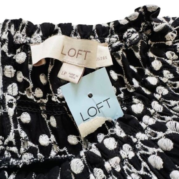 Loft Dress Black White Eyelet Embroidered Smocked Yoke Ruffle Sleeve Size LP NEW - Picture 2 of 14